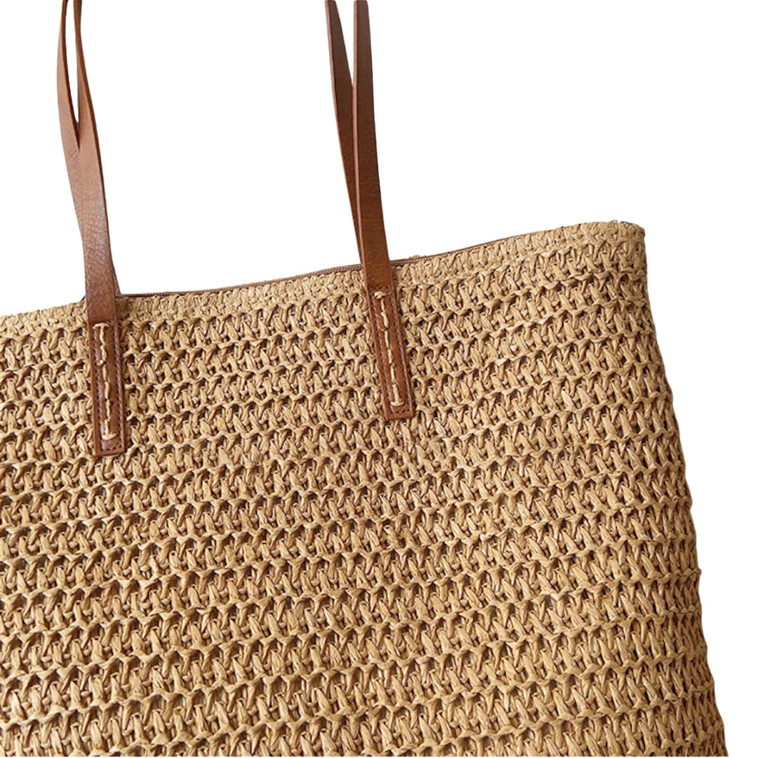 Sac Panier Tressé en Osier avec Poignées Cuir pour Femme