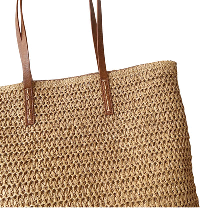 Sac Panier Tressé en Osier avec Poignées Cuir pour Femme