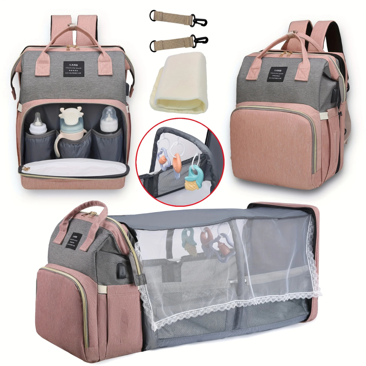 Sac à Langer Convertible avec Lit Parapluie et Poussette