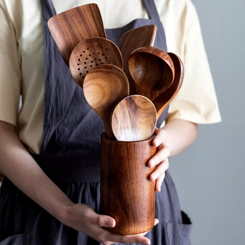 Ustensiles de Cuisine en Bois Teck Naturel de Luxe - Foivo
