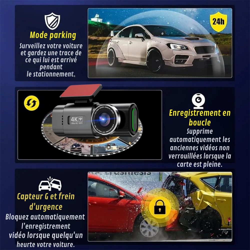 Caméra de Voiture 4K Full HD avec Enregistrement Continu